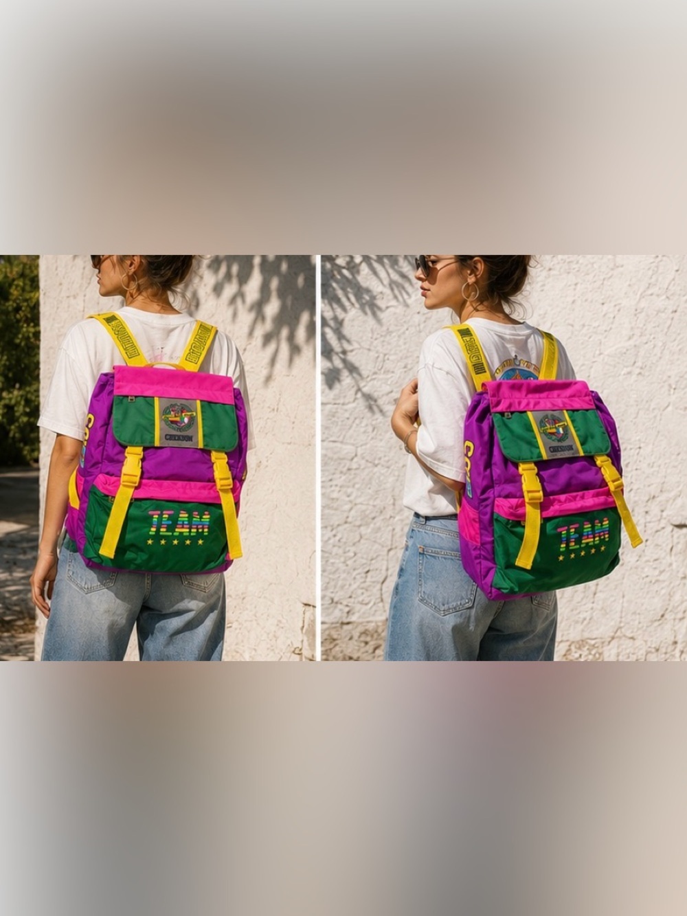 💜💚💛 Vintage CHENSON 80s/90s Colorblock Backpack – New With Tags (NOS) - Picture 4 of 4